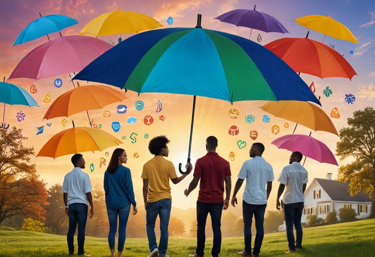 A diverse group of individuals standing together in a protective circle, symbolizing unity in life's coverage. Each person holds an umbrella with various insurance icons like health, home, and auto, illustrating partnership and support. The background features a bright, hopeful landscape with a sunrise, emphasizing new beginnings and security in life. super-realistic. vibrant colors. warm and inviting.