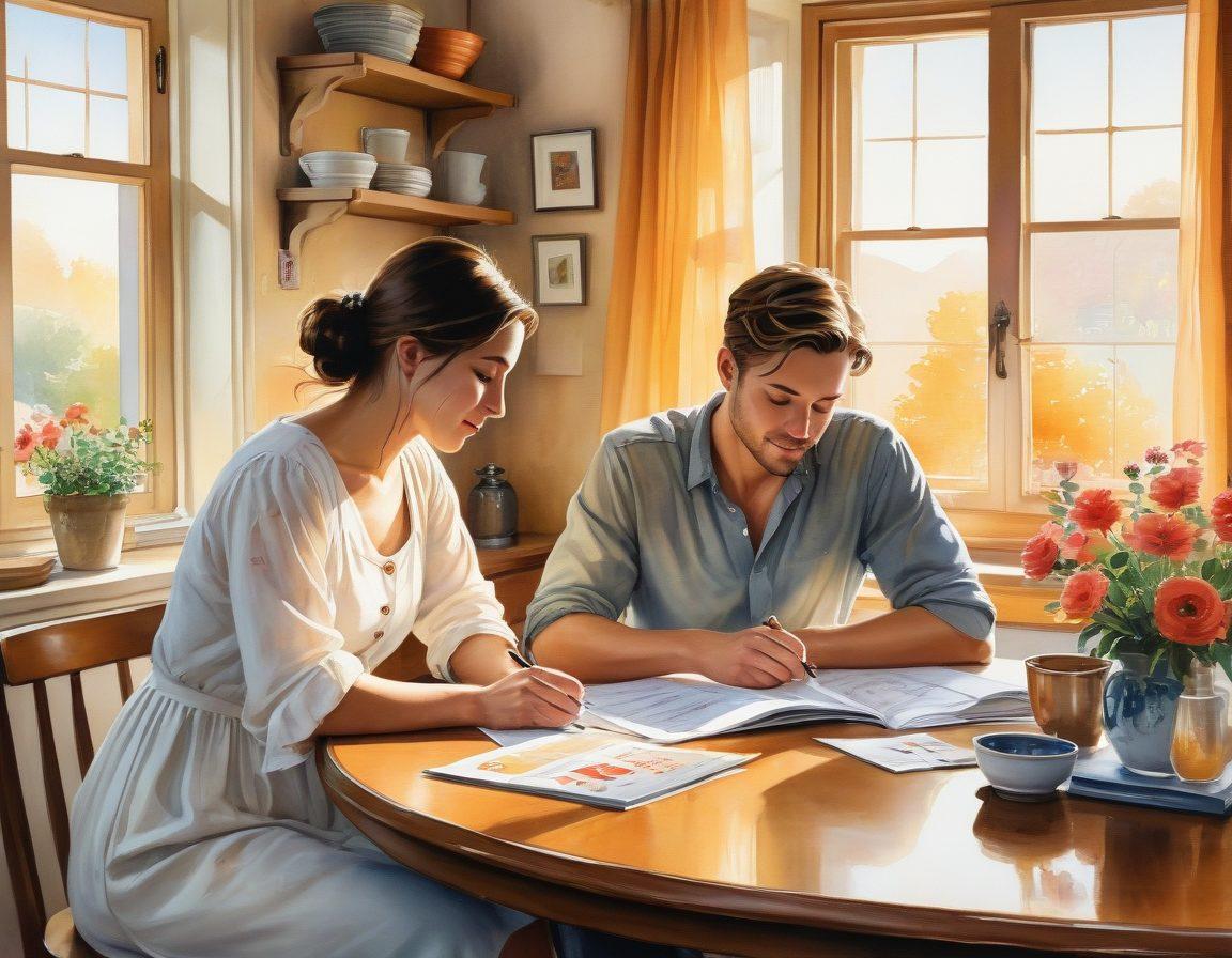 A warm and inviting scene illustrating a couple sitting together at a cozy kitchen table, reviewing their insurance documents, with love and support in their expressions. Surrounding them are heart-shaped symbols and icons representing various types of coverage, like health, home, and auto insurance, intertwined with floral elements to symbolize relationships. Soft light filters through a window, creating a comforting atmosphere. watercolor painting. warm colors.